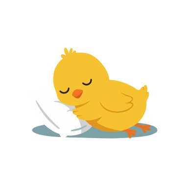 Yellow baby chick peacefully sleeps resting its head on a cracked white eggshell in a simple, calm vector illustration. Serene mood.