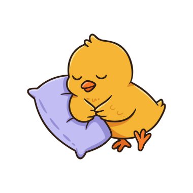 Cartoon baby chick sleeps hugging a purple pillow, showing peaceful rest and comfort in a simple vector style. Calm and soothing mood.