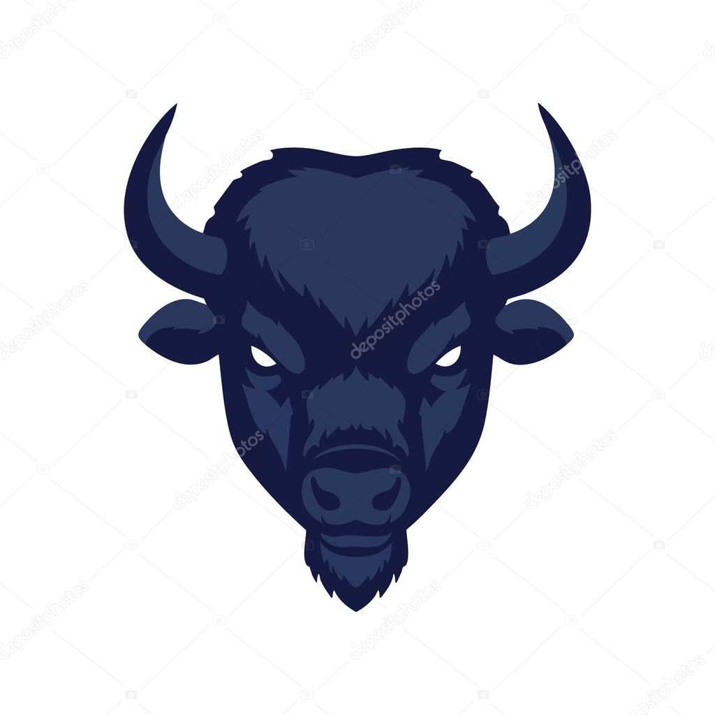 This vector shows a fierce buffalo head in dark blue, emphasizing strength and power with a bold, confident look. Intense and striking.