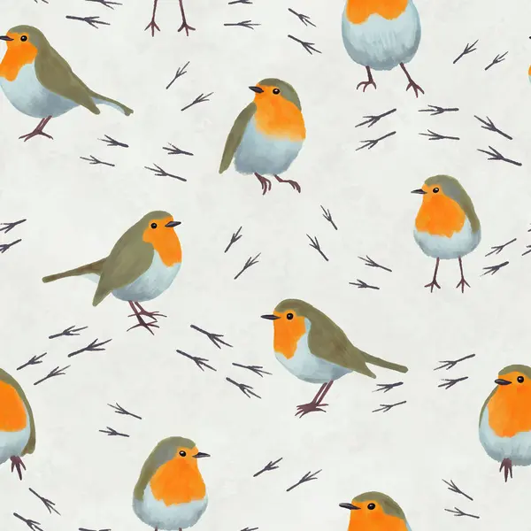 Vector Winter Robins in Snow arka plan kalıbı. Mevsimlik hediyeler ve dekorasyonlar için ideal. Kumaş, duvar kağıdı, ambalaj, hatıra defteri ve kırtasiye için mükemmel. Yüzey deseni tasarımı.