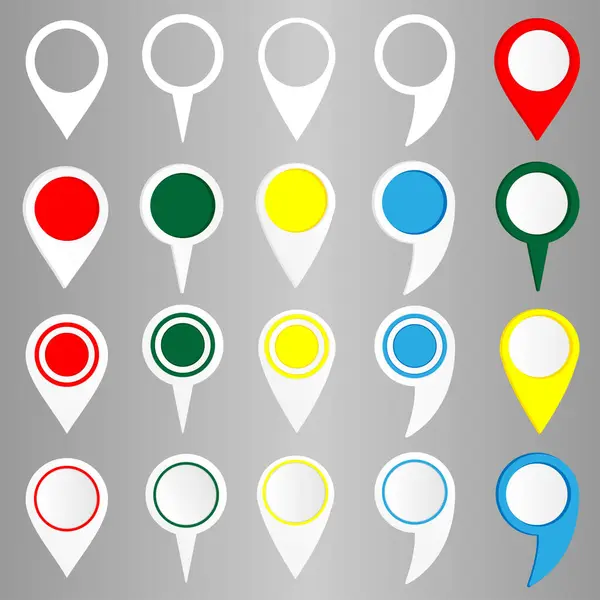 Konum işareti simgeleri yirmi farklı sürümü, renk ve beyaz 