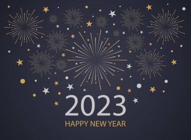 2023 mutlu yıllar. İllüstrasyonu kutlayan havai fişekler. Vektör pankartı