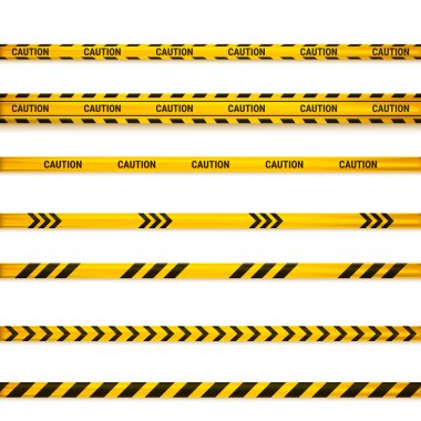 Dikkat bandı. Dikkat sarı uyarı çizgileri beyaza izole edildi. Vektör illüstrasyonu