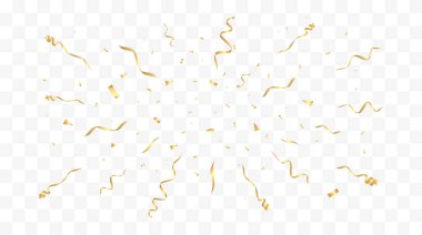 Altın konfeti arka planı. Şenlik arkaplanı. Altın kurdeleli parti tasarımı. Vektör illüstrasyonu