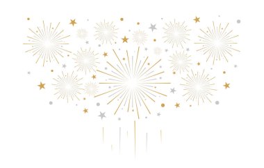 Havai fişek gösterimi beyaz arkaplanda izole edildi. Vektör şenlik arkaplanı