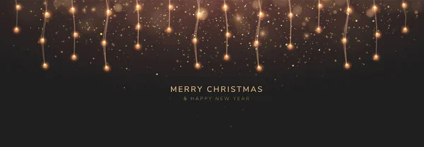 Weihnachtlicher Hintergrund Mit Leuchtenden Weihnachtslichtern Und Glitzerpartikeln Vektorillustration — Stockvektor