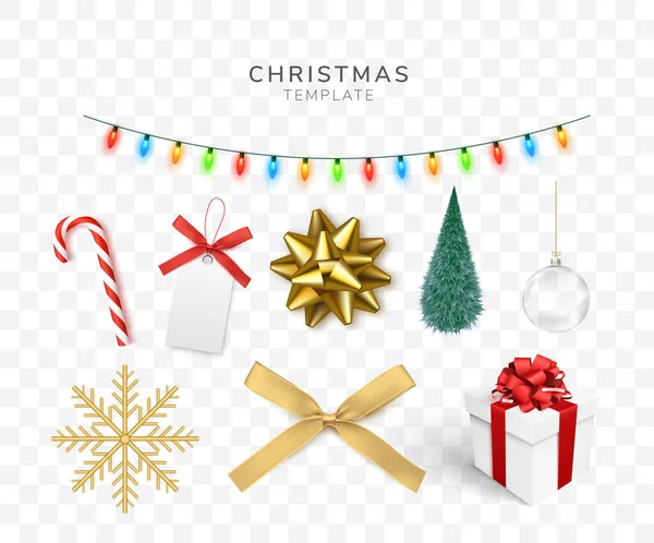 Karácsonyi Fények Cukornád Karácsonyfa Hópehely Arany Átlátszó Üveg Labda Ajándékdoboz — Stock Vector