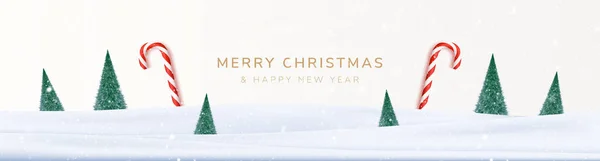 Счастливого Рождества Счастливого Нового Года Пейзажем Снега Конфетки Рождественских Деревьев — стоковый вектор