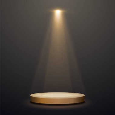 Spotlights With Stage. Gold Light Vector Effect. Round Podium And Light Rays.