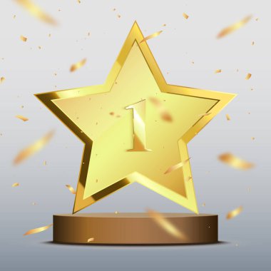 Konfeti ve ödül kürsüsü ile altın yıldız. Kazanan vektör arkaplanı.