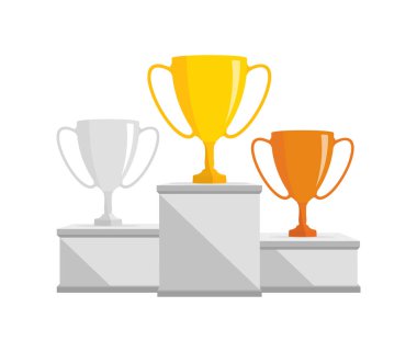 Kupa kupaları ve konfetiyle kazanan podyum. Vektör ödülü adaylığı arkaplanı.