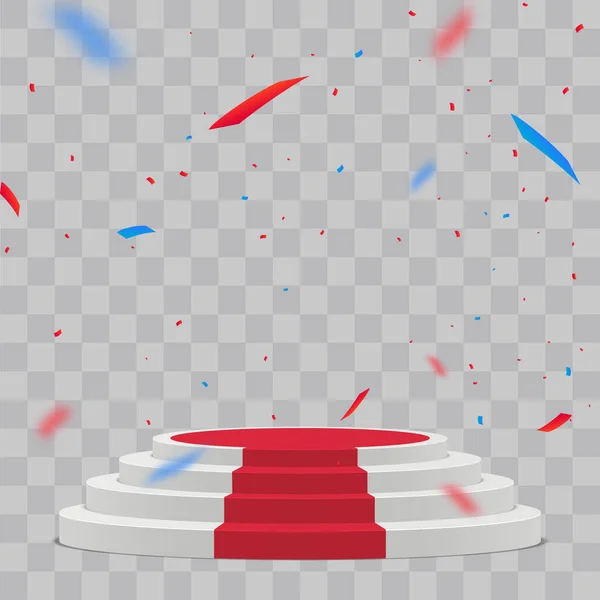 赤いカーペットとコンフェッティで白いステージを空にします 勝者ベクトルの背景 — ストックベクタ