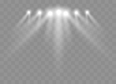 Spotlights With Rays. Parlayan ışık huzmeleri izole edildi. Vektör şeffaf ışık efekti