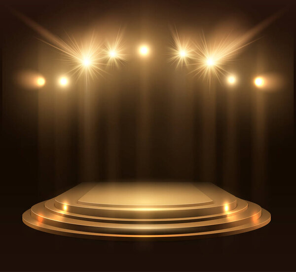 Spotlights With Stage. Gold Light Vector Effect. Round Podium And Light Rays.