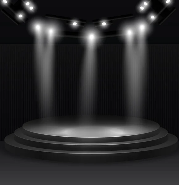 与舞台的聚光灯 有灯光和光束的场景 圆形坑道和轻轨道 — 图库矢量图片
