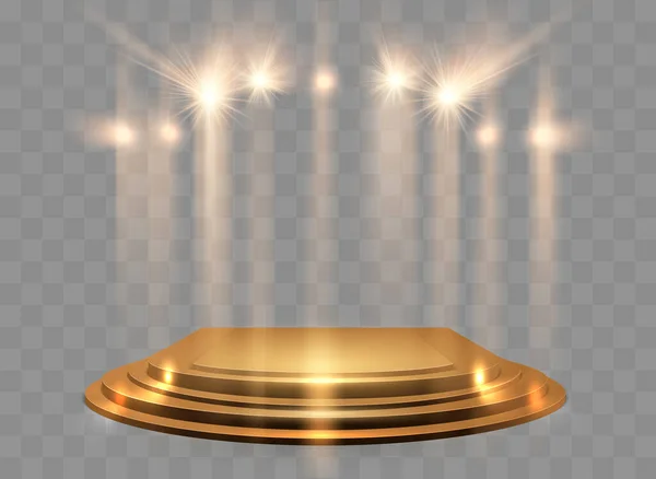 Повітряні Ліхтарі Сценою Ефект Вектора Золота Круглий Подіум Промені Світла — стоковий вектор