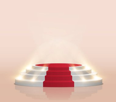 Kırmızı halısı ve spot ışıkları olan boş beyaz bir sahne. Kazanan vektör arkaplanı