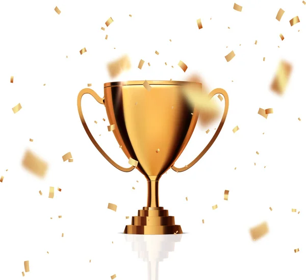 Copa Trofeos Con Confeti Dorado Premio Oro Aislado Ilustración Vectorial — Vector de stock