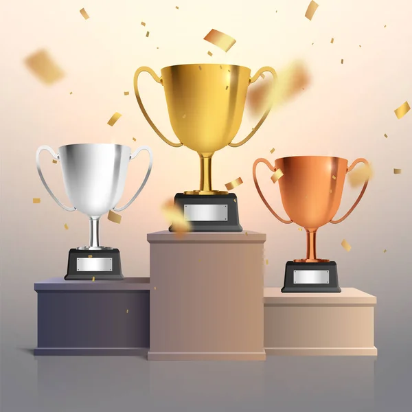 Winnaars Podium Met Bekers Gouden Confetti Achtergrond Van Vectornominatie — Stockvector