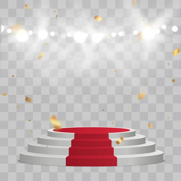 Scène Blanche Vide Avec Tapis Rouge Confettis Gagnant Fond Vectoriel — Image vectorielle