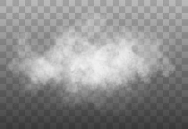 Şeffaf arkaplanda beyaz duman bulutu izole edildi. Vektör dumanı veya sis