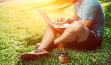 Genç blogcu çimlerde oturuyor ve dizüstü bilgisayarla çalışıyor. Uzayı kopyala Güneş parlaması