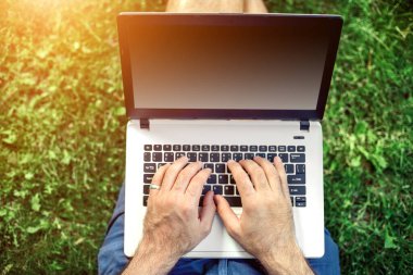 Genç blogcu çimlerde oturuyor ve dizüstü bilgisayarla çalışıyor. Uzayı kopyala Güneş parlaması