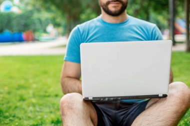 Young man using and typing laptop computer in summer grass. Freelancer working in outdoor park