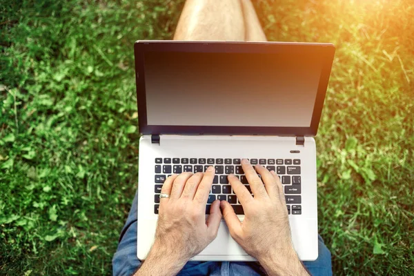 Mladý Blogger Sedí Trávě Pracuje Laptopem Rozumím Světlice — Stock fotografie
