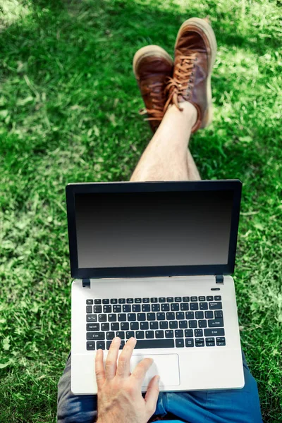 stock image Young blogger sitting on grass and working with laptop. Copy space