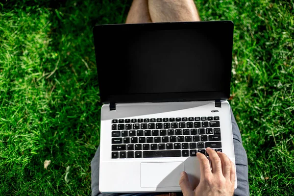 Cropped Shot Man Using Laptop Blank Screen While Sitting Green — Stock fotografie