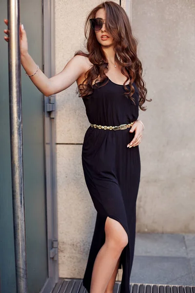 Fashion Style Portrait Young Beautiful Elegant Woman Black Dress Sunglasses — Stock Photo, Image