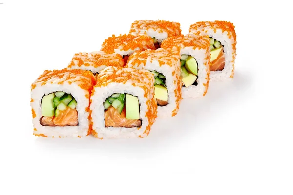 Närbild Klassiska Kalifornien Sushi Rullar Med Färsk Lax Avokado Och — Stockfoto