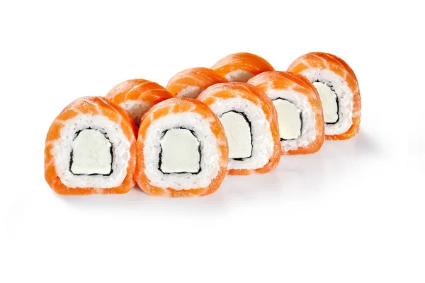 Closeup Clássicos Rolos Sushi Filadélfia Recheados Com Queijo Cremoso Envolto — Fotografia de Stock