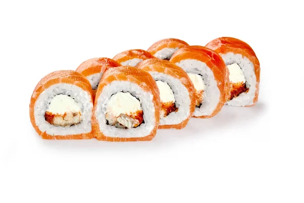Rolos Sushi Filadélfia Apetitosos Recheados Com Queijo Creme Enguia Ovas — Fotografia de Stock