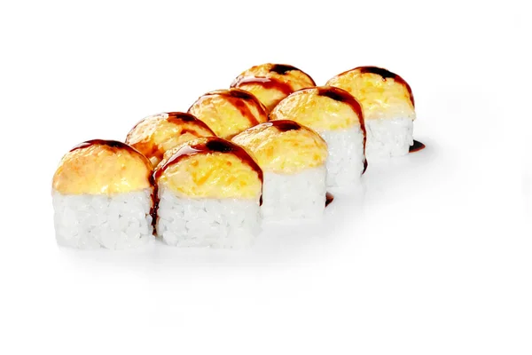 Delicious Warm Uramaki Rolls Smoked Chicken Filling Wrapped Rice Topped — Stock Photo, Image