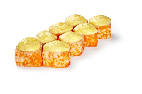 Appetizing Assado Maki Sushi Rolos Recheados Com Salmão Pepino Creme — Fotografia de Stock