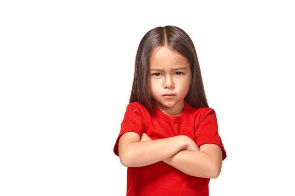 Kid Unhappy Looks Strictly Girl Folded Arms Chest Looks Serious — Stock Photo, Image