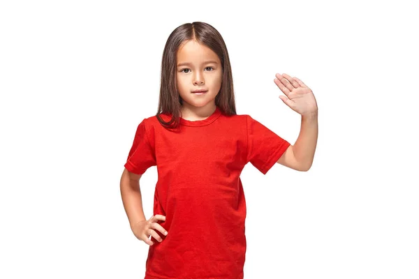 Дівчина Червоній Футболці Показує Руку Пальцями Червоній Футболці — стокове фото