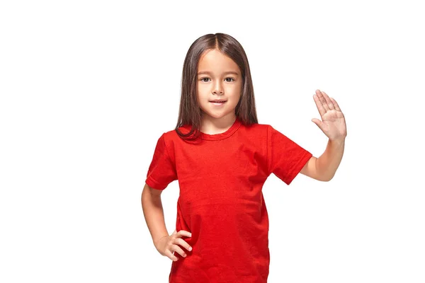 Chica Camiseta Roja Muestra Mano Con Dedos Camiseta Roja —  Fotos de Stock