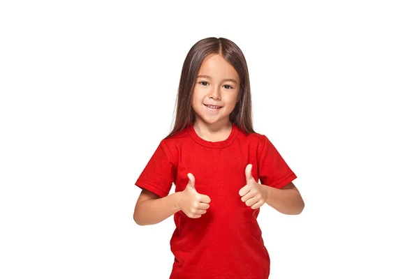 Girl Red Shirt Shows Her Hands Thumbs Red Shirt Isolated — Stock Photo, Image