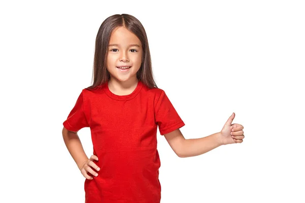 Chica Camiseta Roja Muestra Mano Con Pulgar Camiseta Roja Aislada —  Fotos de Stock