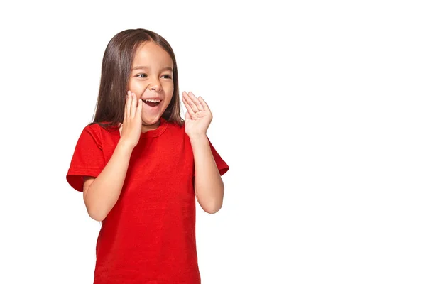 Portrait Petite Fille Surprise Excitée Effrayée Shirt Rouge Isolé Sur — Photo