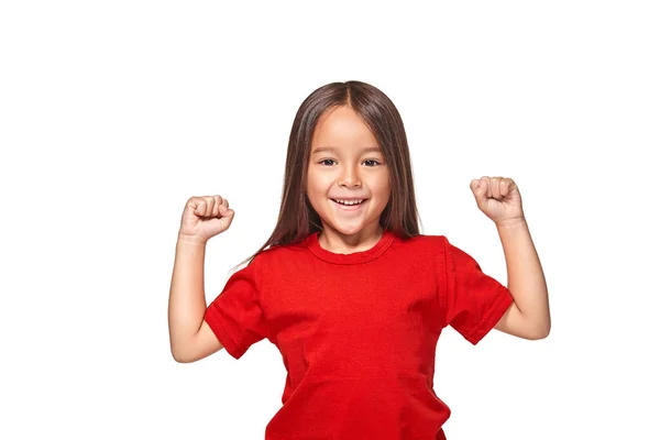 Портрет Счастливой Маленькой Девочки Поднятыми Воздухе Руками Белом Фоне — стоковое фото