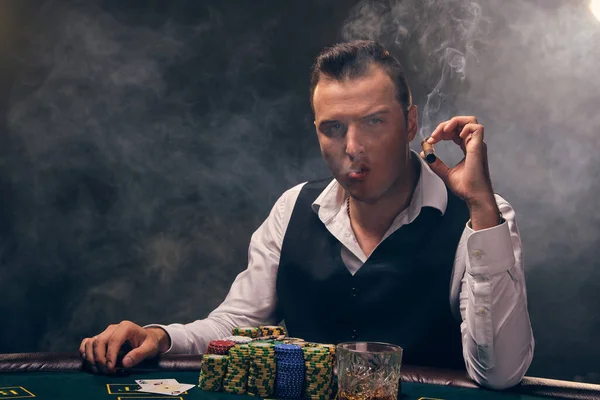 Good Looking Mature Fellow White Shirt Black Waistcoat Smoking Cigar — Stock Photo, Image
