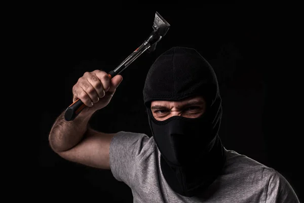 Criminal Shirt Balaclava Hammer Black Background Studio Bandit Thief — Stock Photo, Image