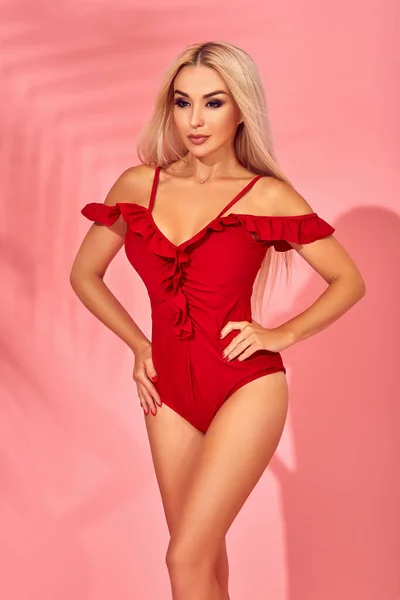 Stunning Blonde Female Model Amazing Body Standing Elegant Red Swimsuit Imagen De Stock
