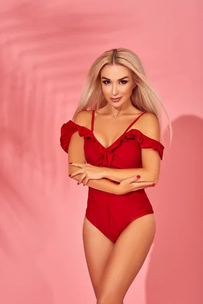 Stunning Blonde Female Model Amazing Body Standing Elegant Red Swimsuit Imagen De Stock
