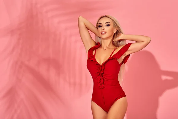 Stunning Blonde Female Model Amazing Body Standing Elegant Red Swimsuit Fotos De Stock
