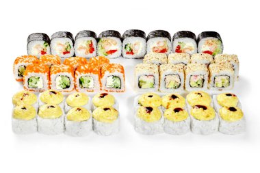 Delicious sushi set of California in sesame with surimi crab, Philadelphia in masago, futomaki with tempura shrimp and baked cheese rolls dressed with unagi sauce on white background. Japanese cuisine